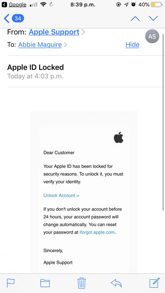 Apple fake email example